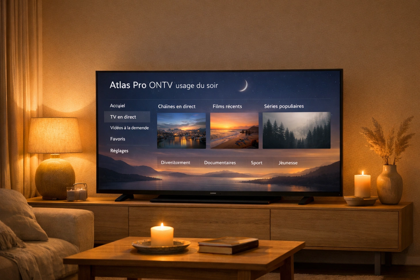 Salon calme en soirée avec télévision moderne et interface fluide dans une lumière douce