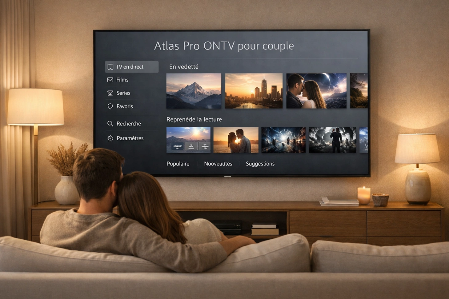 Couple dans un salon moderne devant une Smart TV avec une interface claire et élégante