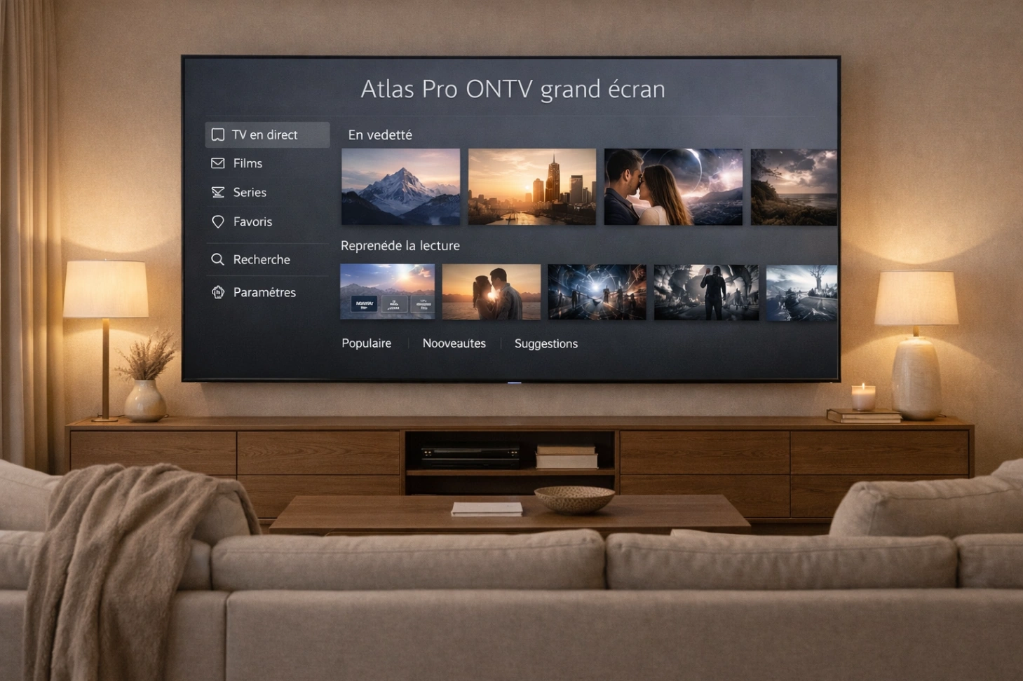 Grand téléviseur moderne dans un salon premium avec interface TV fluide et claire