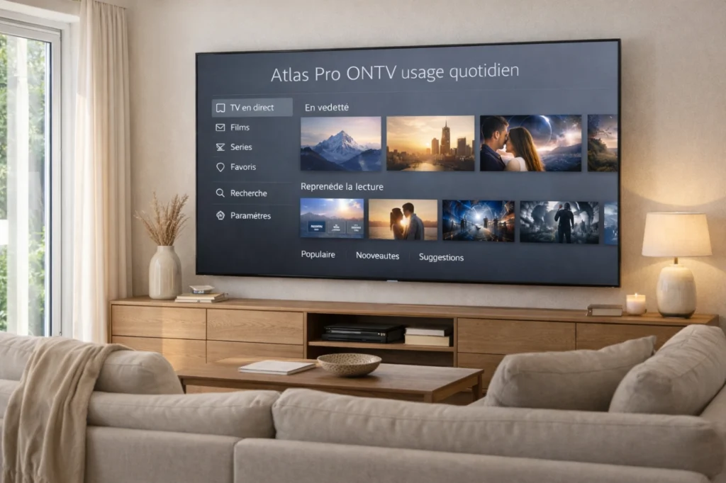 Salon lumineux avec télévision moderne utilisée au quotidien dans une ambiance élégante