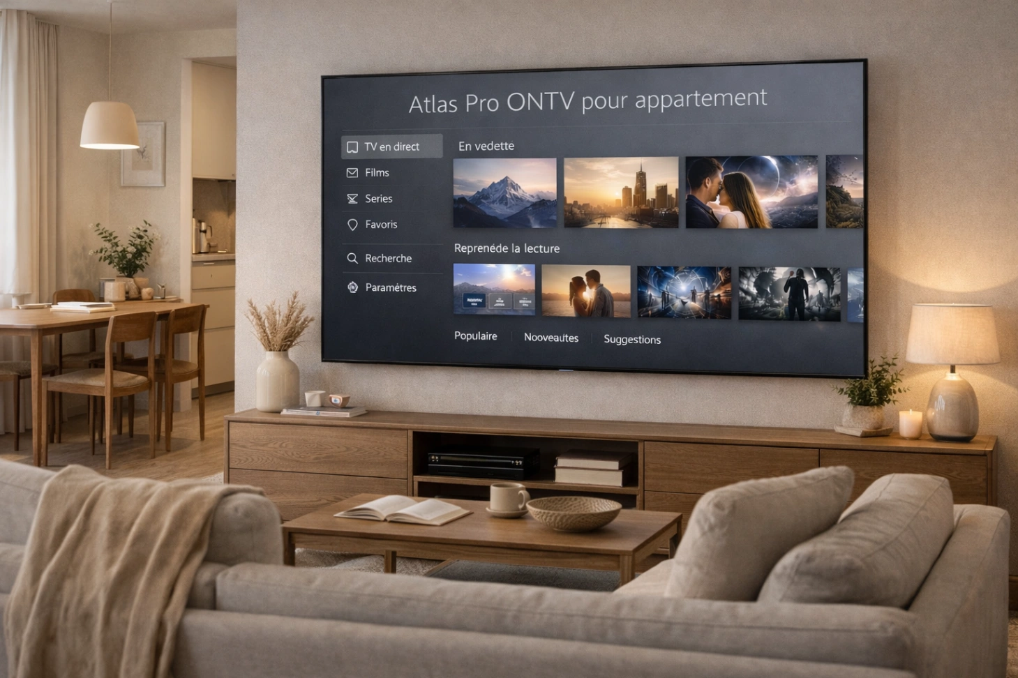 Appartement moderne avec télévision élégante et interface TV claire dans un espace compact