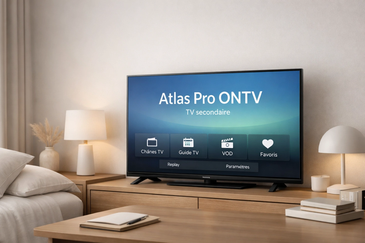 Deuxième télévision dans une chambre ou un bureau avec interface TV simple et élégante