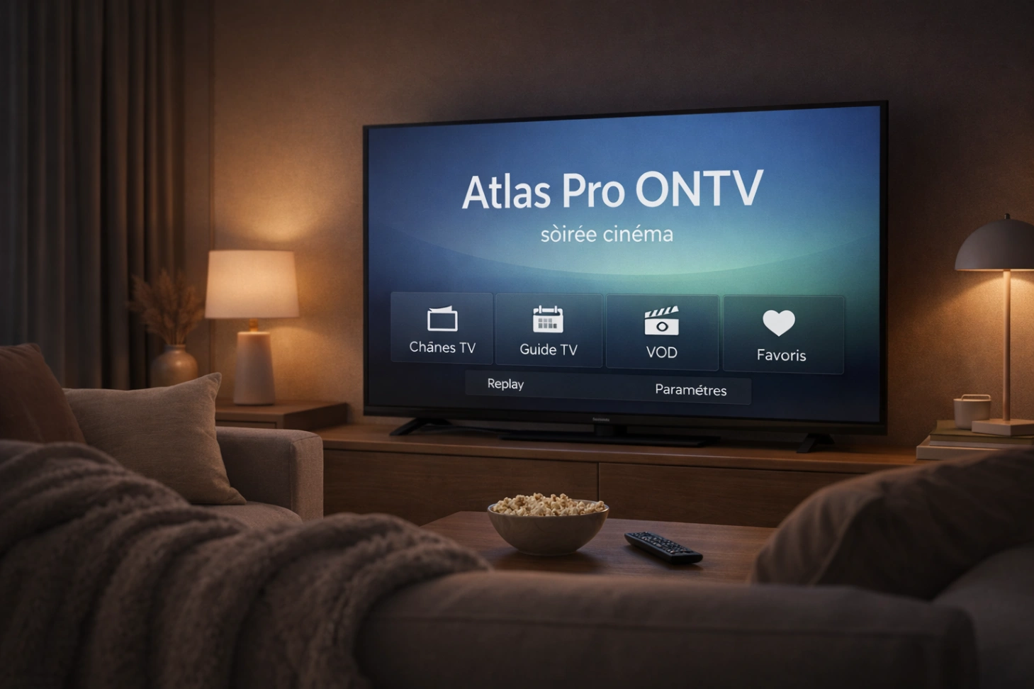 Salon cosy avec ambiance cinéma maison et télévision moderne affichant une interface élégante