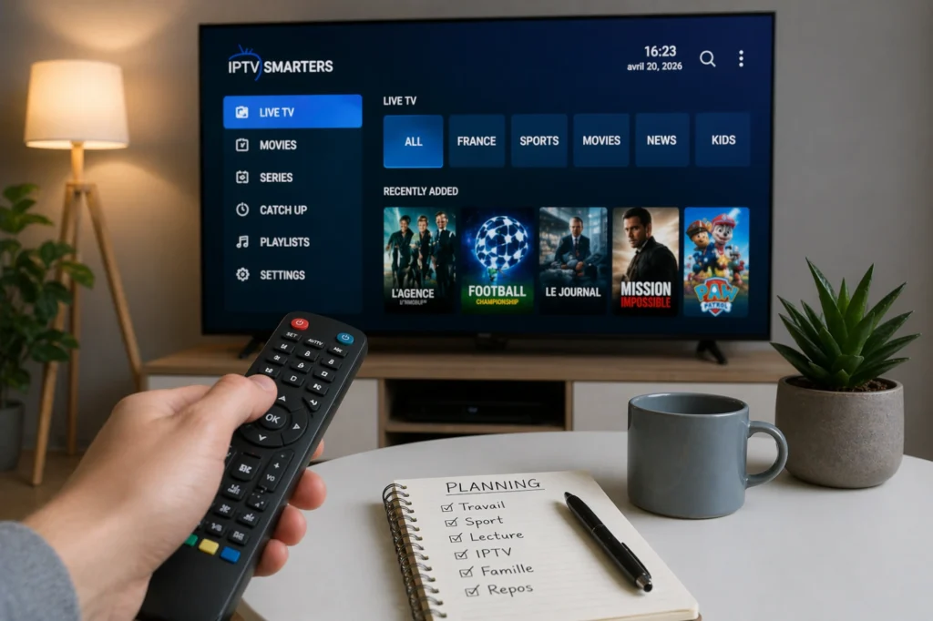 Personne tenant une télécommande dans un salon moderne et cosy, face à une télévision affichant une interface IPTV, avec carnet de planning, tasse et plante sur la table basse, lumière douce et ambiance minimaliste premium.
