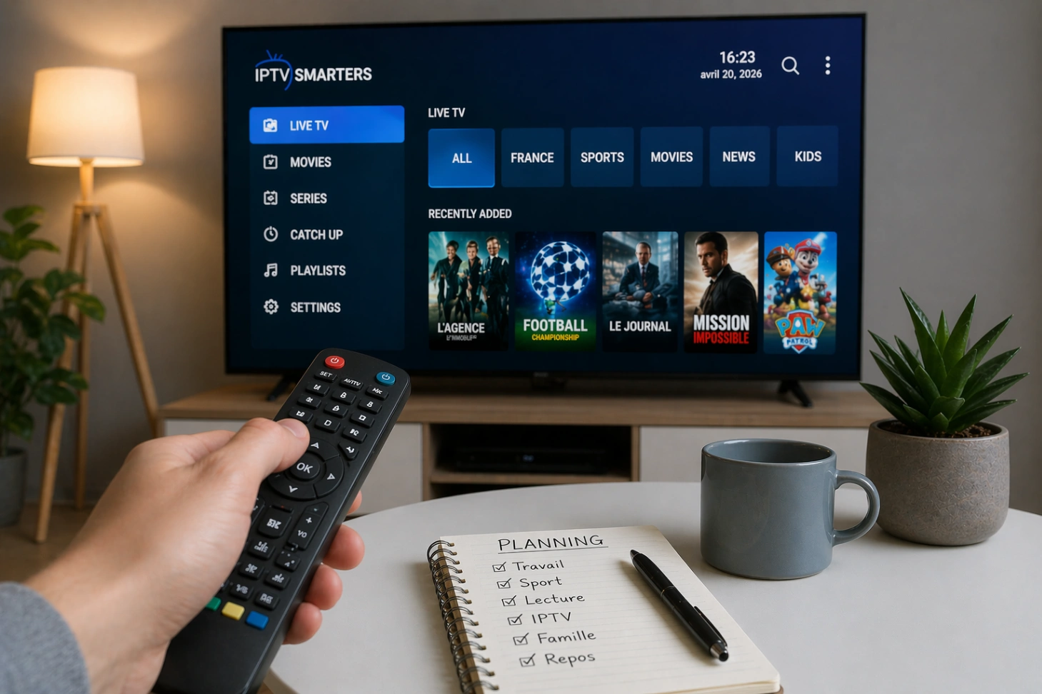 Personne tenant une télécommande dans un salon moderne et cosy, face à une télévision affichant une interface IPTV, avec carnet de planning, tasse et plante sur la table basse, lumière douce et ambiance minimaliste premium.