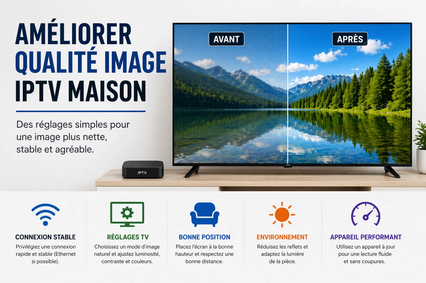 Guide visuel pour améliorer la qualité d’image IPTV à la maison avec réglages simples et environnement optimisé.