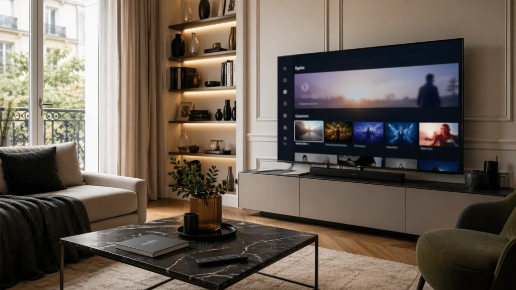 Installation Atlas Pro ONTV sur Smart TV Samsung dans un salon moderne.