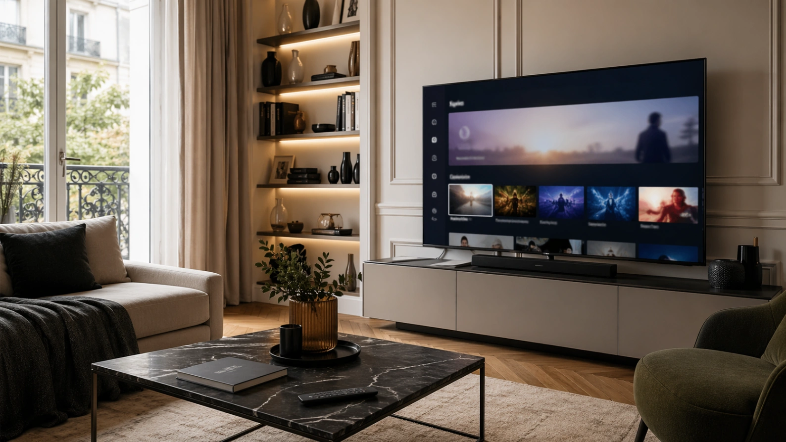 Installation Atlas Pro ONTV sur Smart TV Samsung dans un salon moderne.