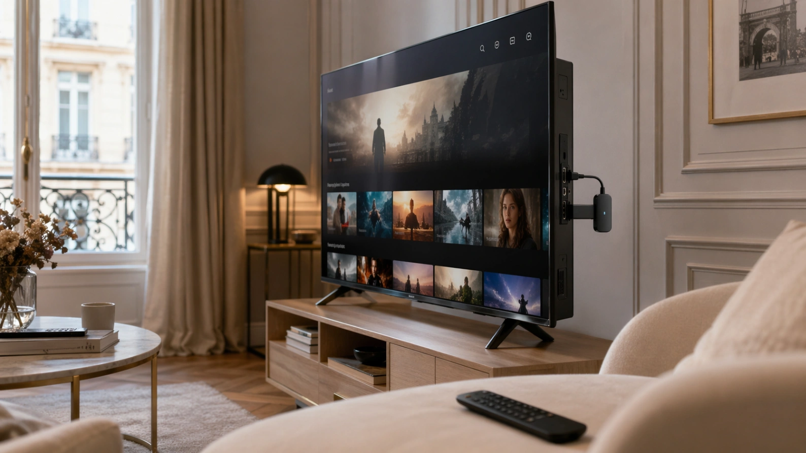 Atlas Pro ONTV installé sur Fire Stick dans un salon moderne.