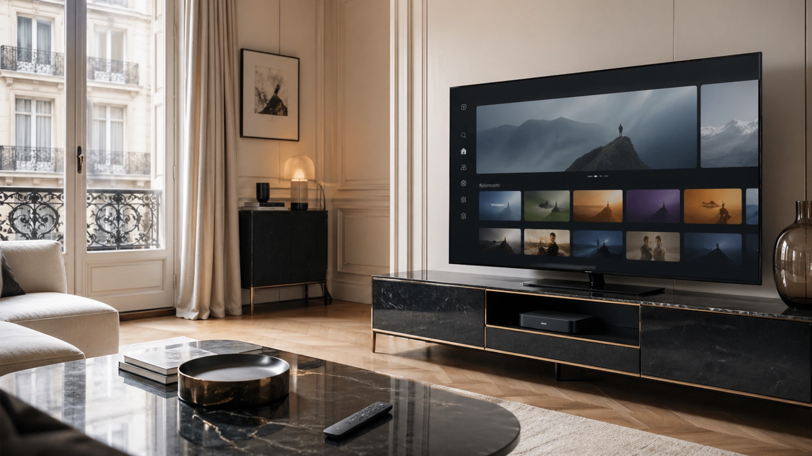 Installation Atlas Pro ONTV sur Apple TV dans un salon moderne.