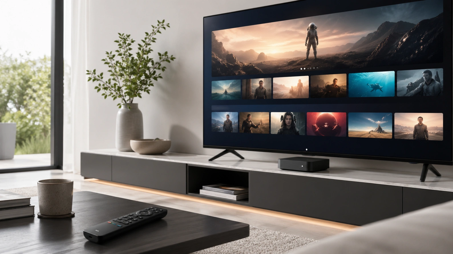 Atlas Pro ONTV configuré sur Xiaomi TV Box dans un salon.