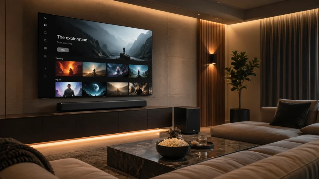 Atlas Pro ONTV avec barre de son dans un salon home cinéma.