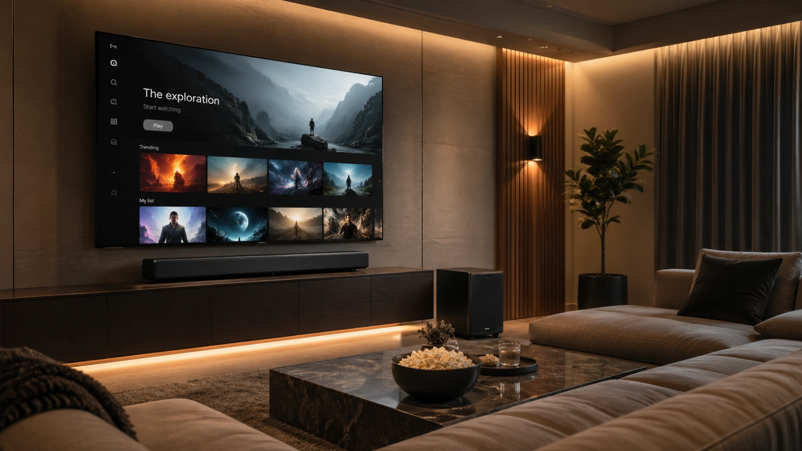 Atlas Pro ONTV avec barre de son dans un salon home cinéma.