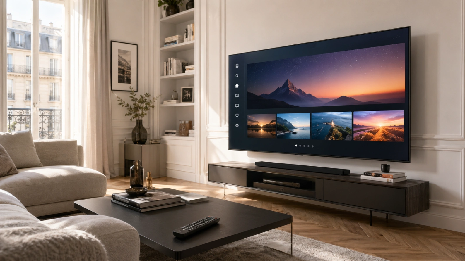 Atlas Pro ONTV installé sur une TV Hisense dans un salon moderne.