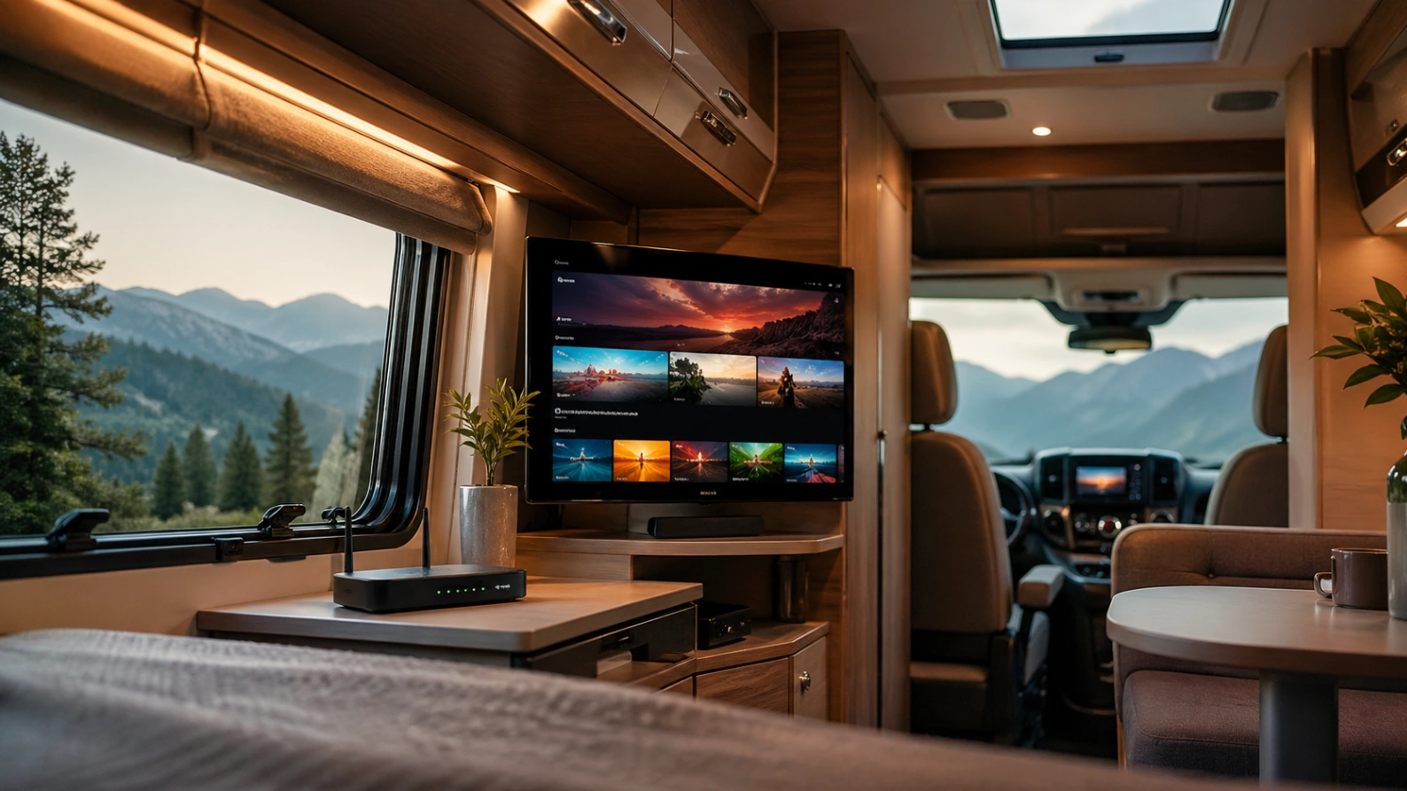 Atlas Pro ONTV utilisé dans un camping-car avec télévision et routeur 4G.