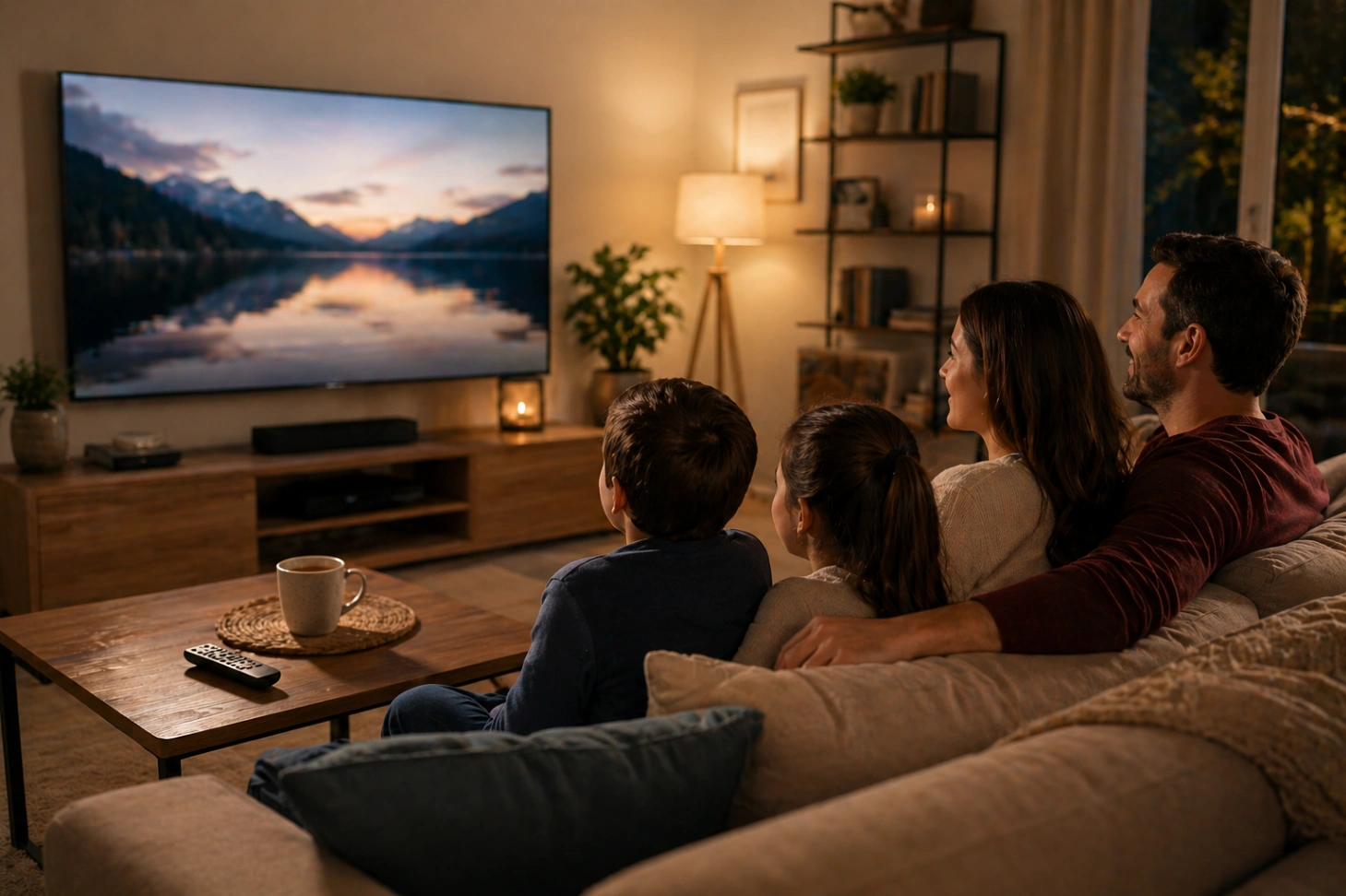 Famille profitant d’une routine TV du soir dans un salon confortable.