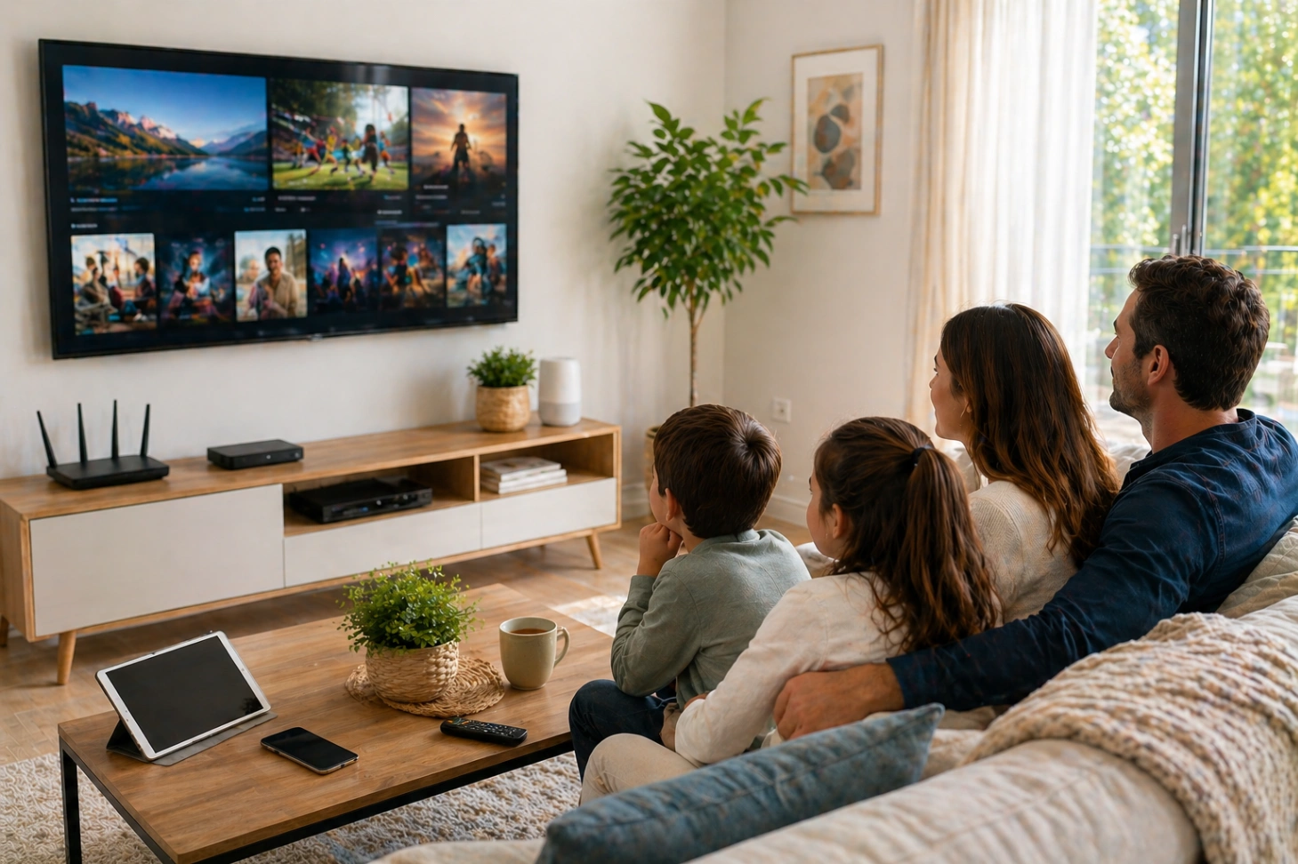 Foyer connecté organisé avec télévision, routeur Wi-Fi et appareils multimédias.