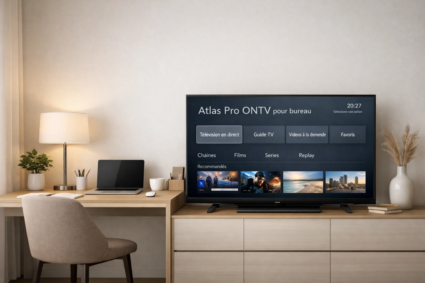 Bureau moderne avec télévision d’appoint affichant une interface claire et élégante
