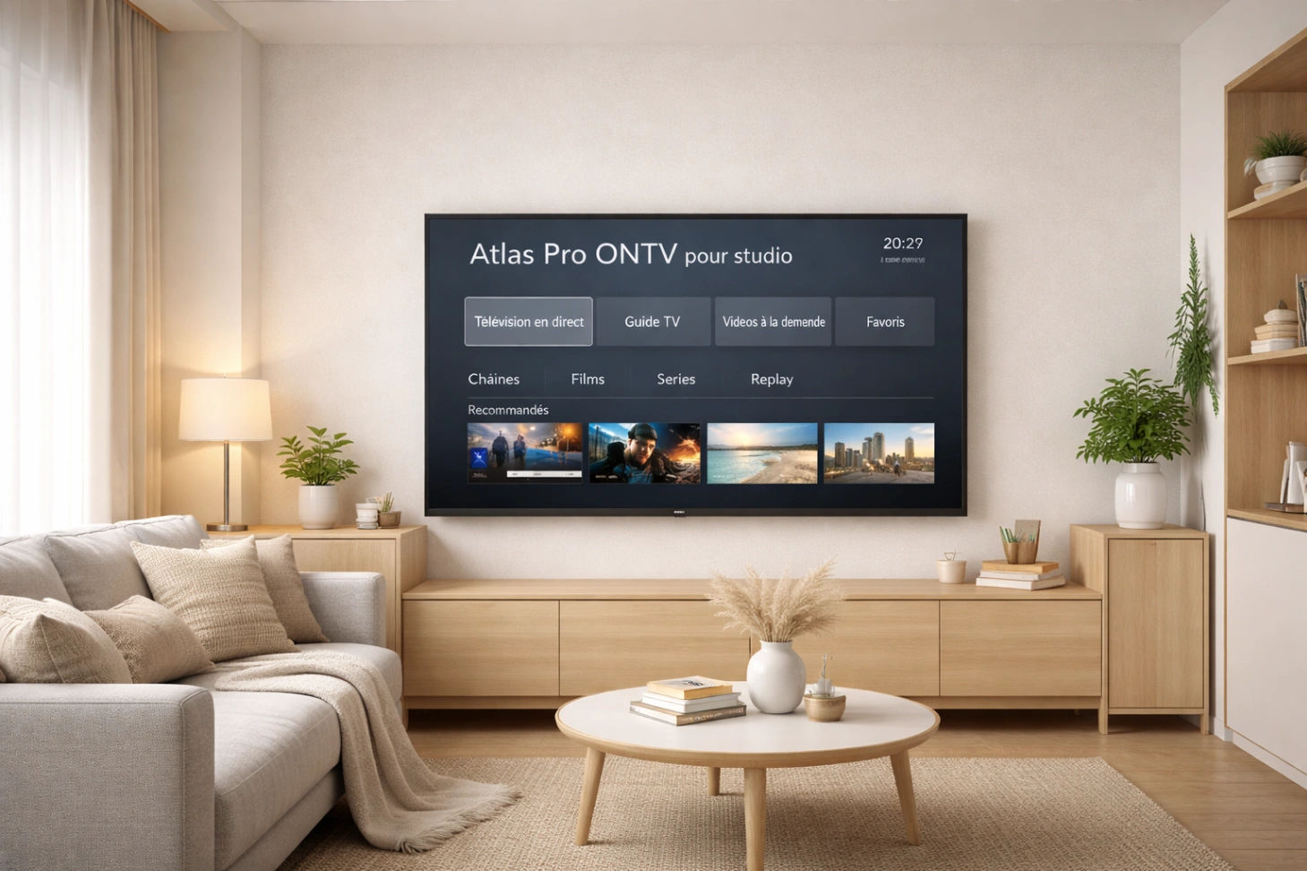 Studio moderne avec télévision élégante et interface claire dans un petit espace bien organisé