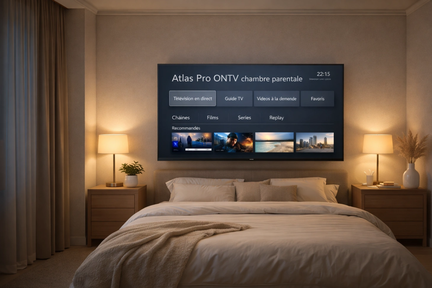 Chambre parentale élégante avec télévision moderne et interface fluide dans une ambiance calme
