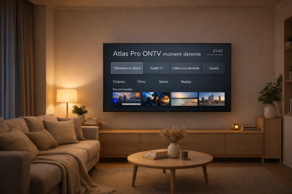 Salon calme avec télévision moderne et interface apaisante dans une ambiance détente