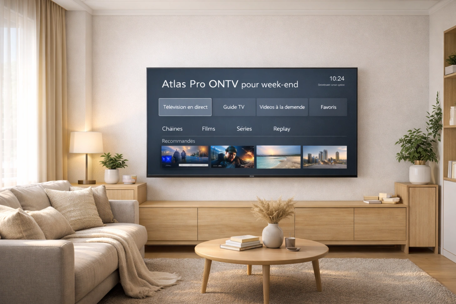 Salon lumineux de week-end avec télévision moderne et interface claire dans une ambiance reposante