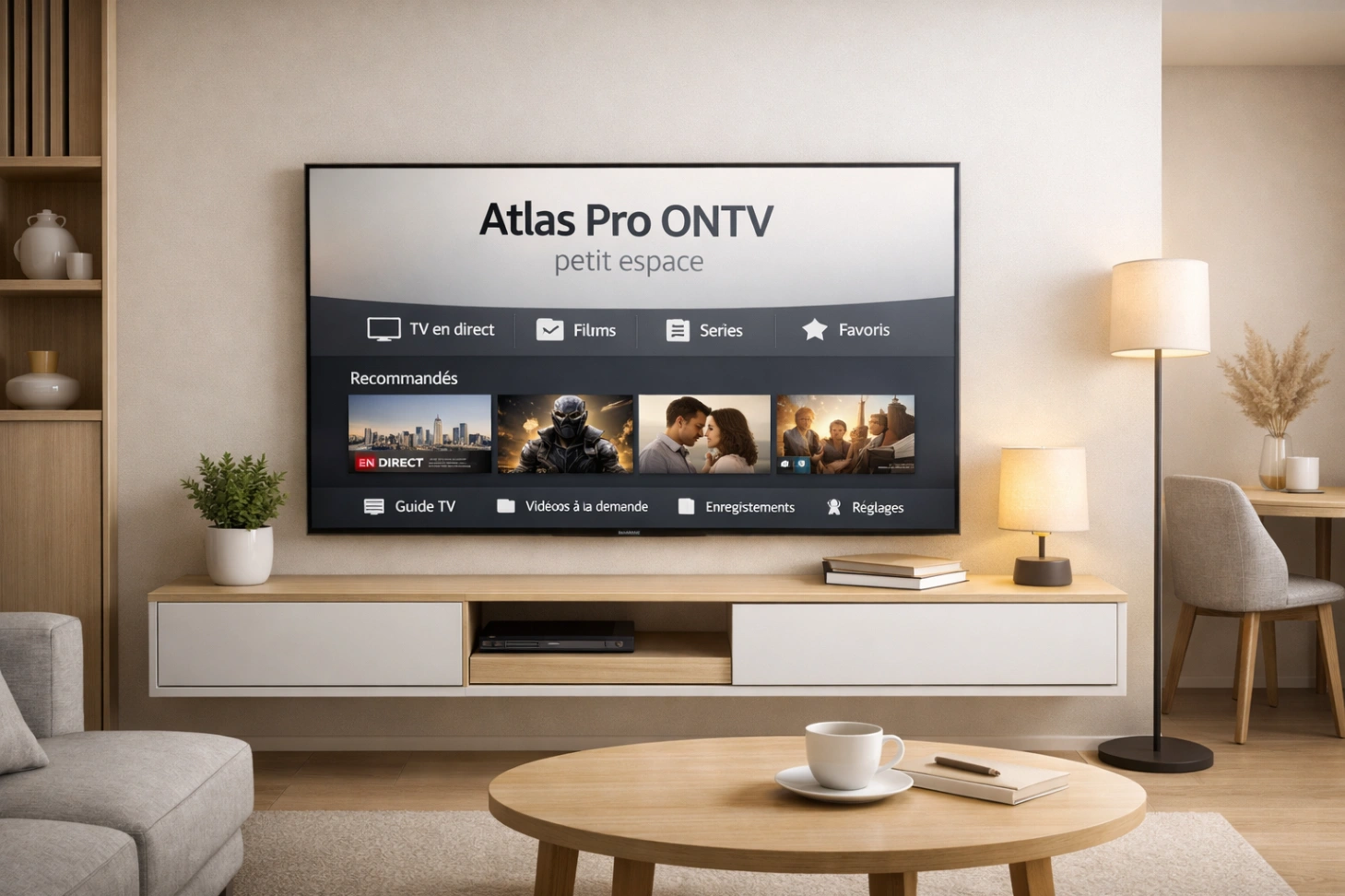 Petit espace moderne avec télévision murale et interface TV claire dans un intérieur bien pensé