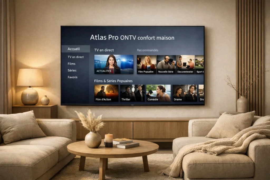Salon moderne et élégant avec télévision affichant une interface claire dans une ambiance confort maison