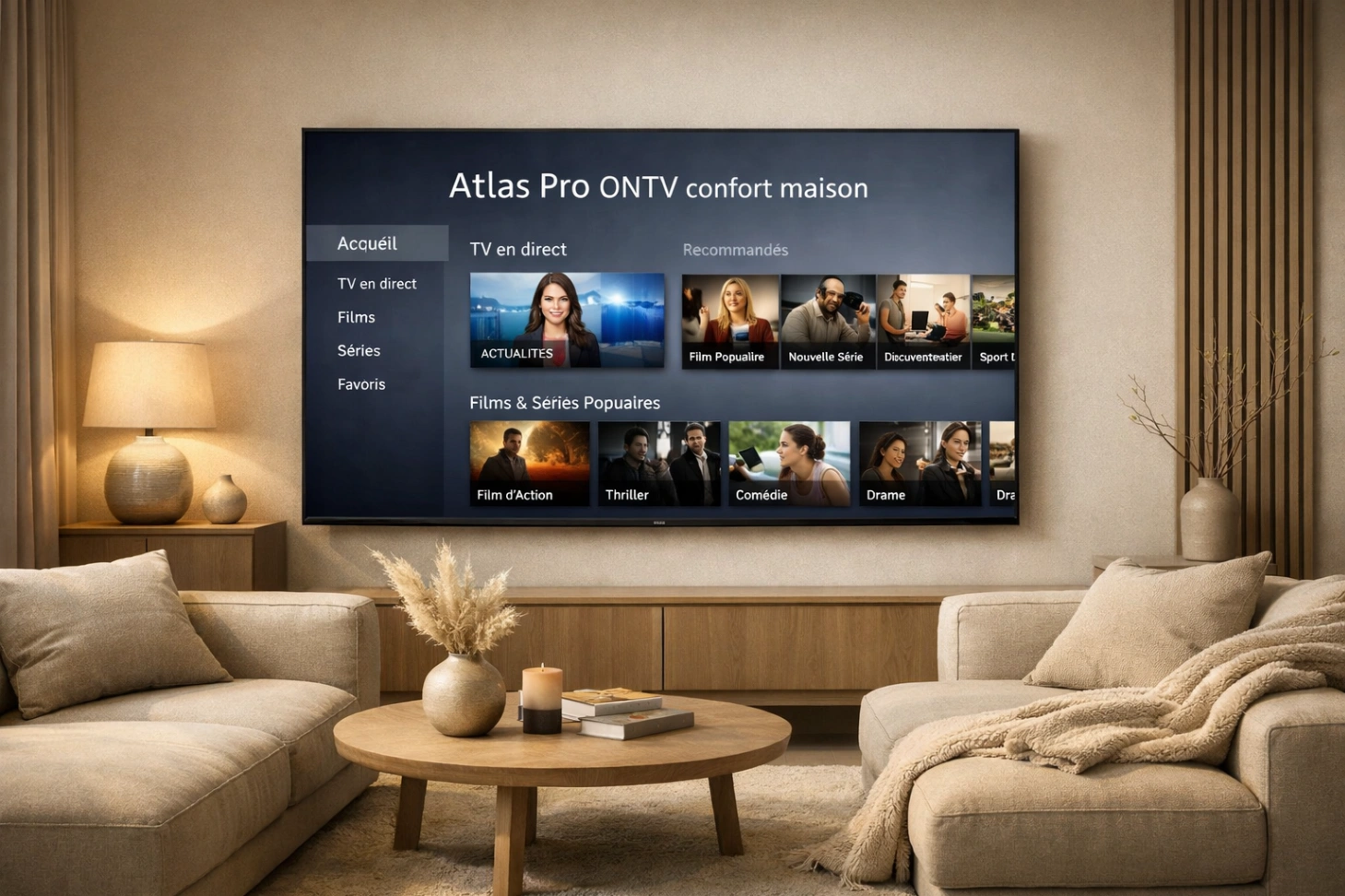 Salon moderne et élégant avec télévision affichant une interface claire dans une ambiance confort maison