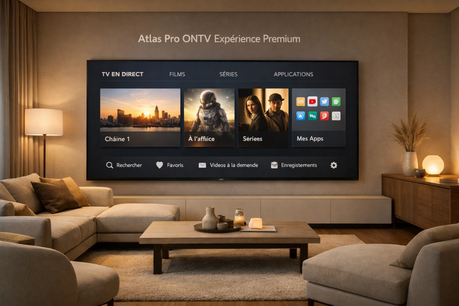 Salon moderne premium avec télévision affichant une interface claire et élégante