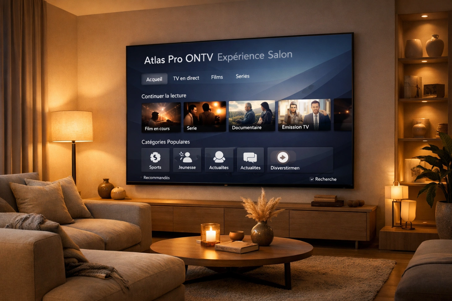 Grand salon moderne avec télévision murale et interface claire pour une expérience immersive