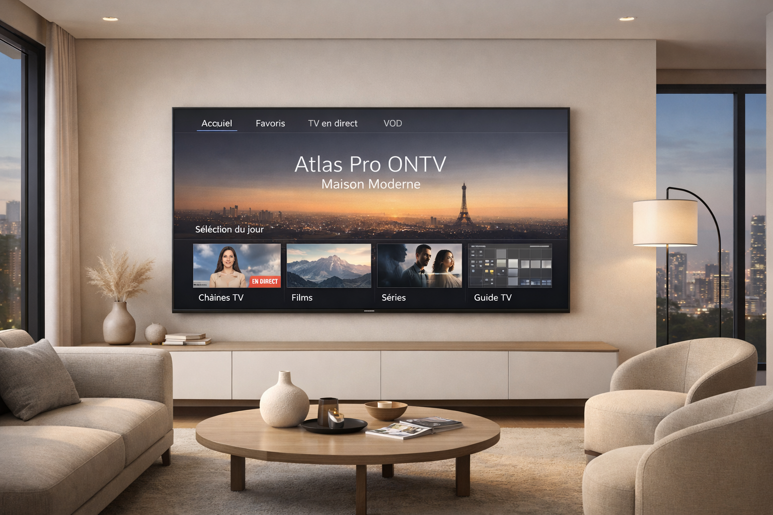 Maison moderne avec salon raffiné et télévision affichant une interface claire et élégante