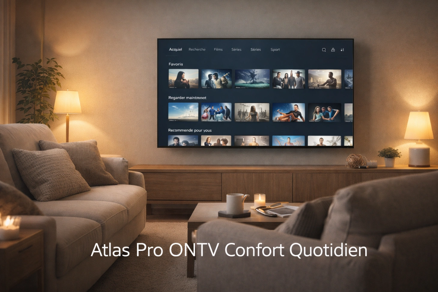 Salon confortable avec télévision moderne et interface fluide pour un usage quotidien