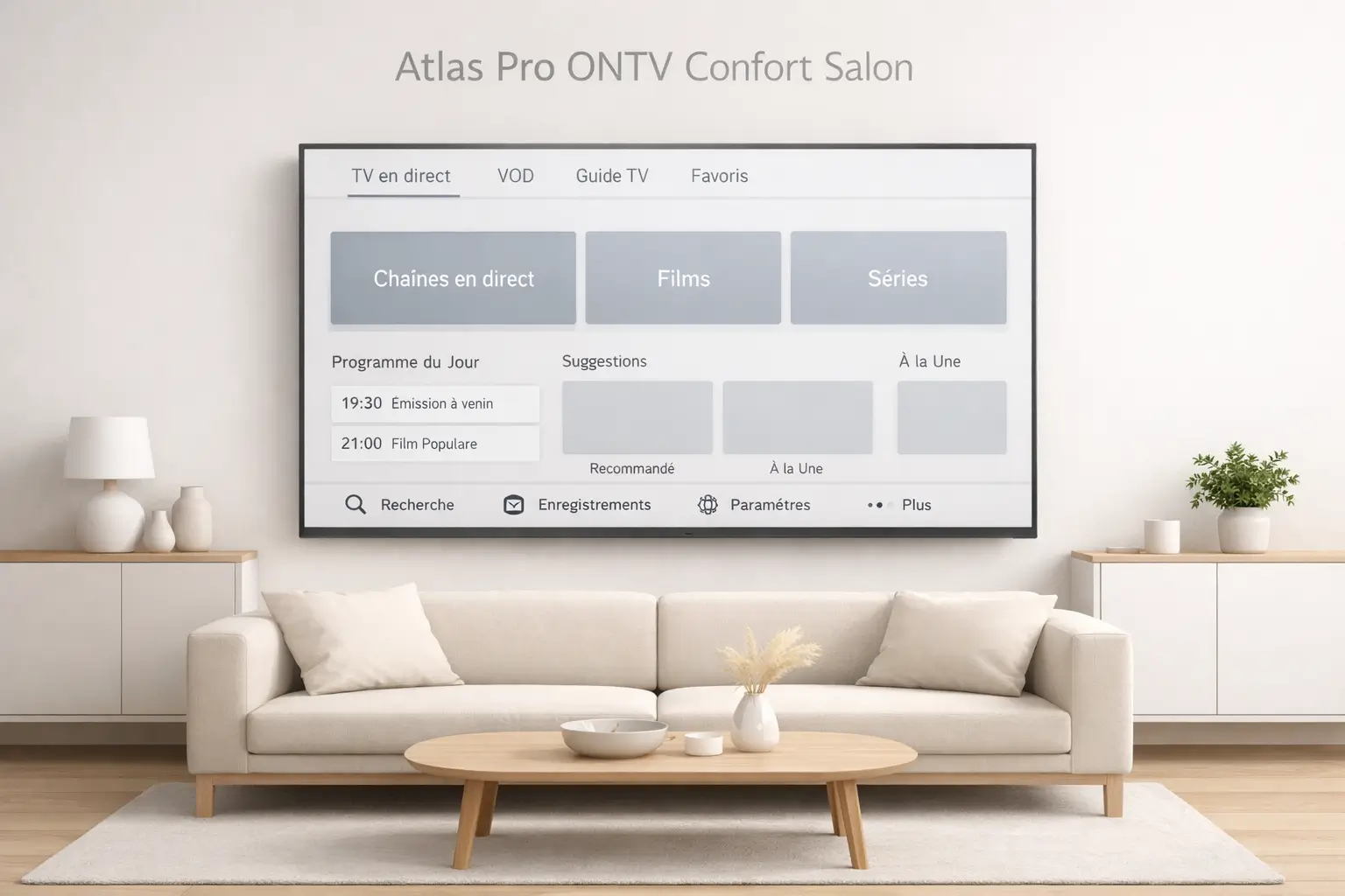 Illustration minimaliste d’un salon moderne avec TV affichant une interface claire et confortable