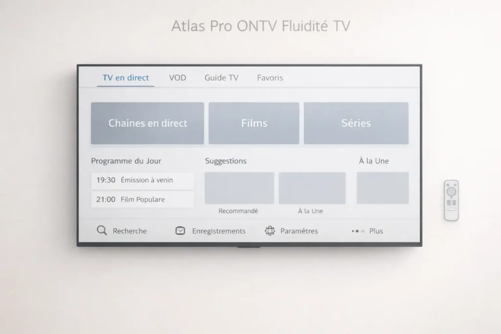 Visuel minimaliste d’une télévision moderne avec interface fluide et blocs bien espacés