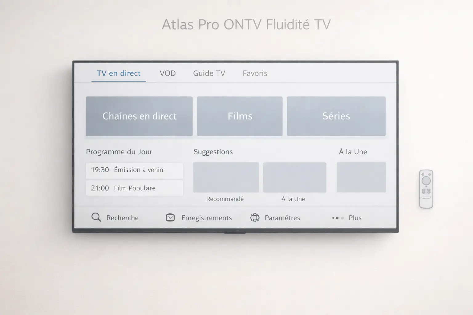 Visuel minimaliste d’une télévision moderne avec interface fluide et blocs bien espacés