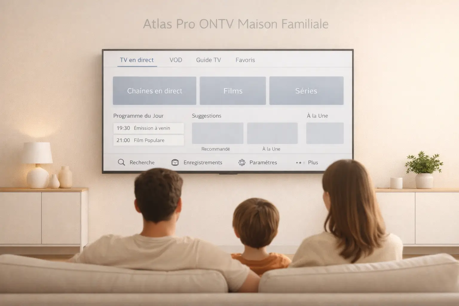 Illustration simple d’un salon familial avec télévision claire et ambiance chaleureuse