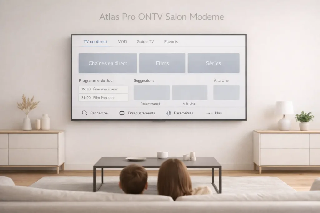 Visuel minimaliste d’un salon moderne avec télévision élégante et interface claire