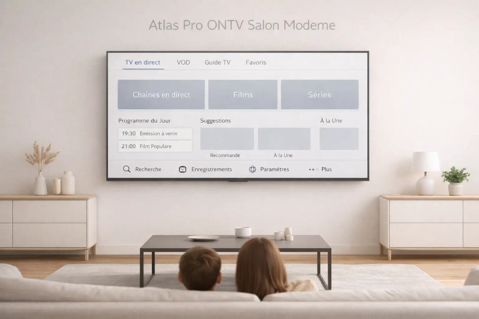 Visuel minimaliste d’un salon moderne avec télévision élégante et interface claire