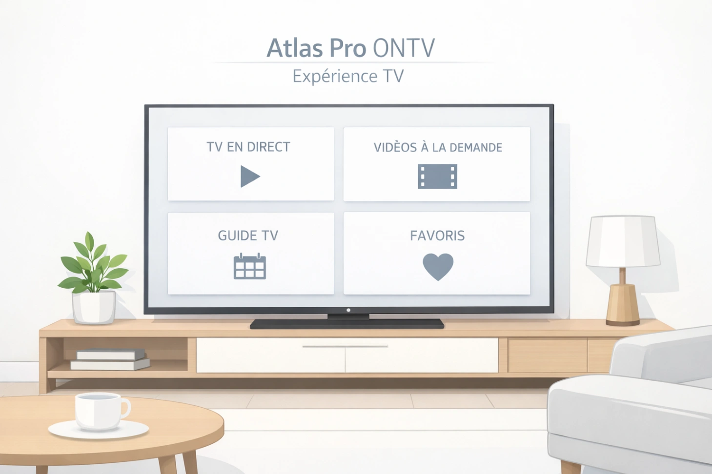 Illustration minimaliste d’une télévision moderne avec interface claire et ambiance salon élégante