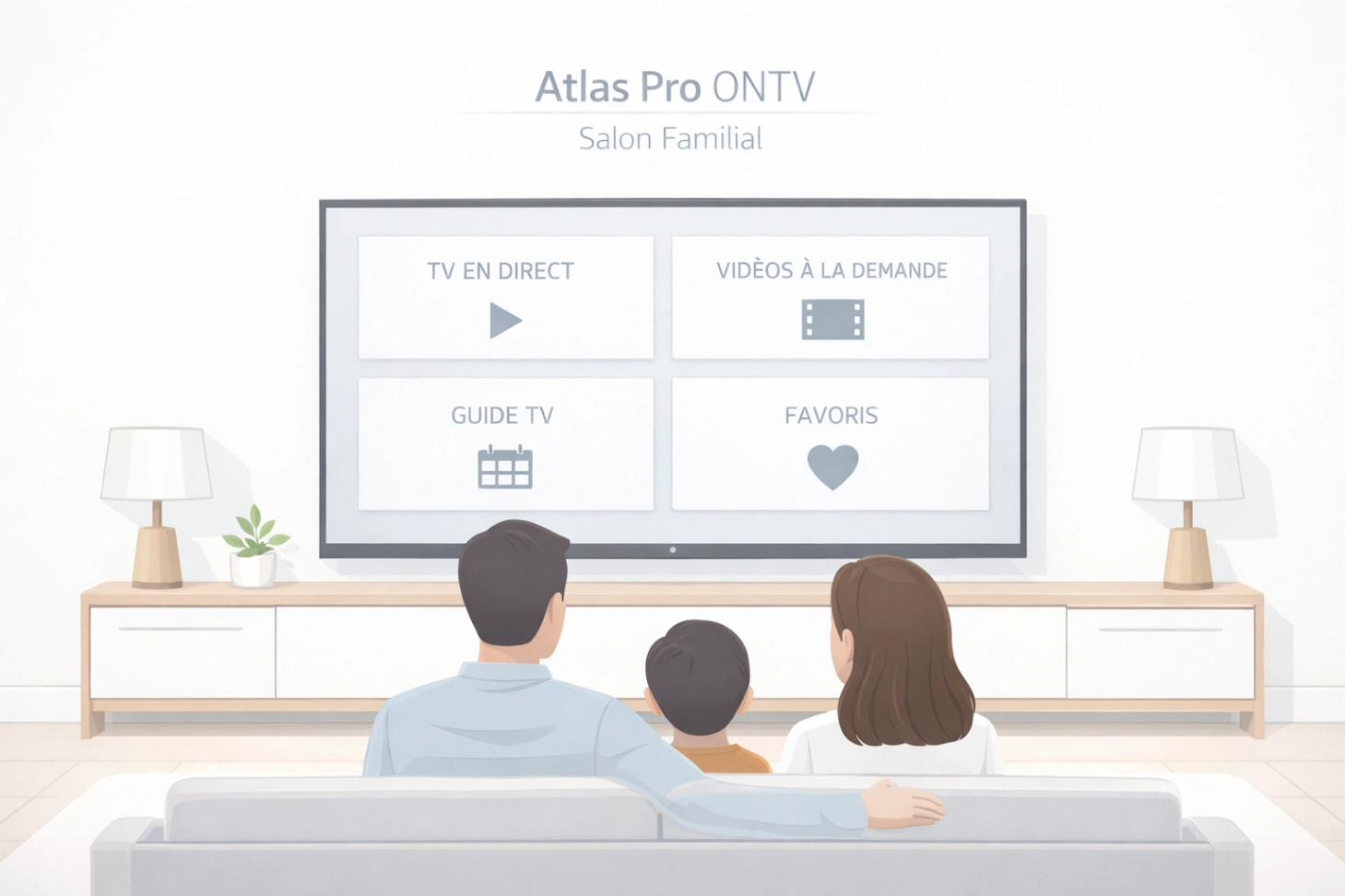 Illustration infographic simple d’un salon familial avec télévision claire et ambiance chaleureuse