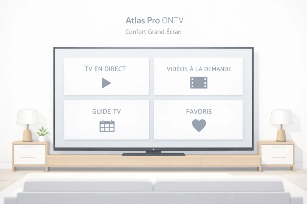 Infographie simple d’un grand écran moderne avec interface lisible et ambiance confortable