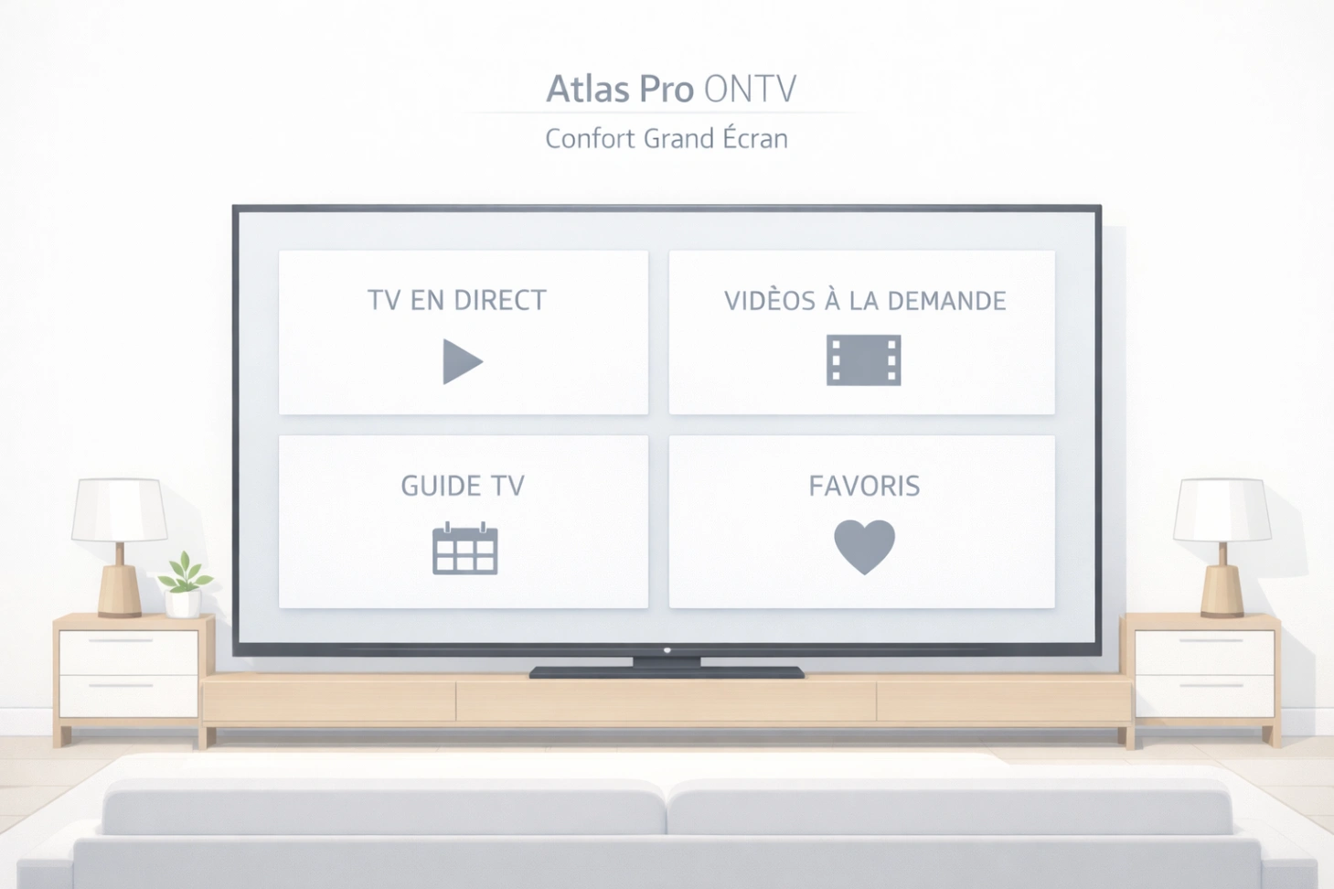 Infographie simple d’un grand écran moderne avec interface lisible et ambiance confortable