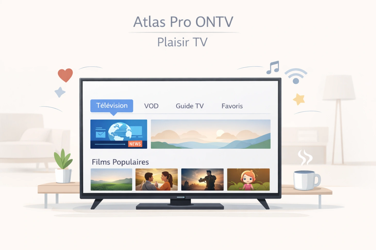 Illustration minimaliste d’une télévision moderne avec interface claire et sensation de plaisir visuel