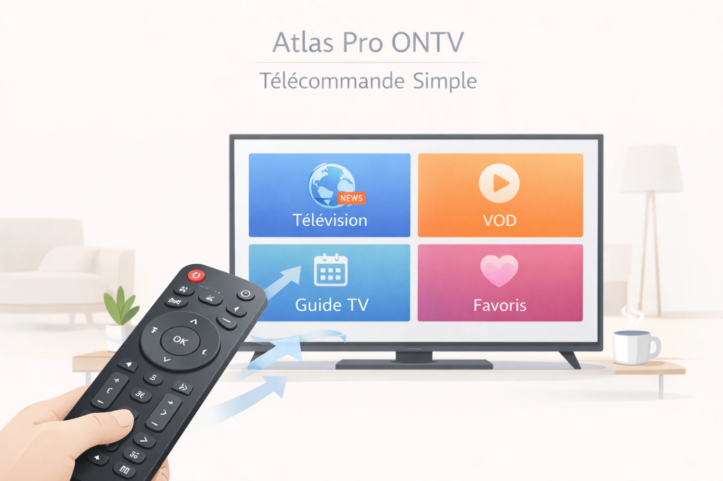 Illustration minimaliste d’une télécommande simple face à une télévision avec interface claire