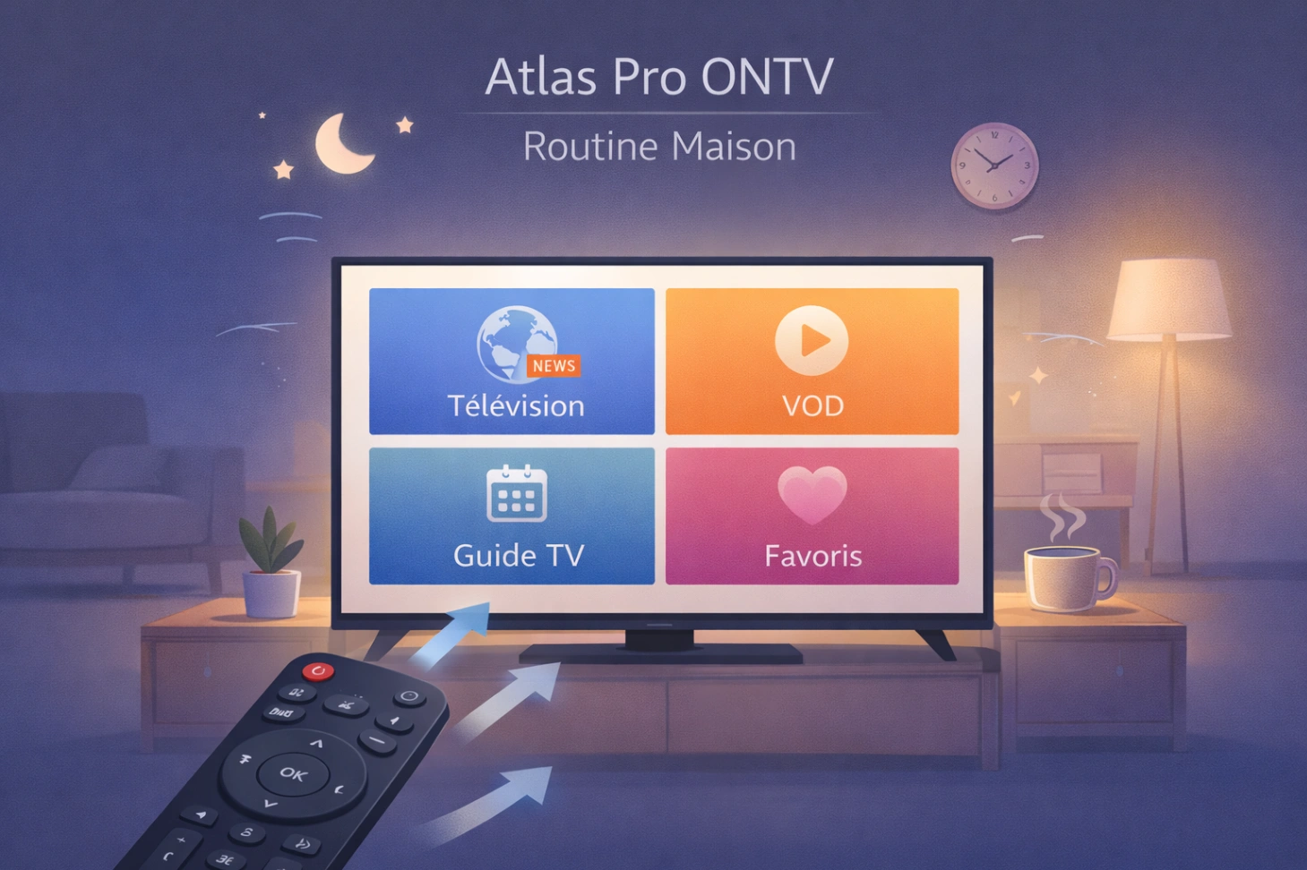 Illustration minimaliste d’un salon de maison avec télévision claire intégrée à une routine quotidienne