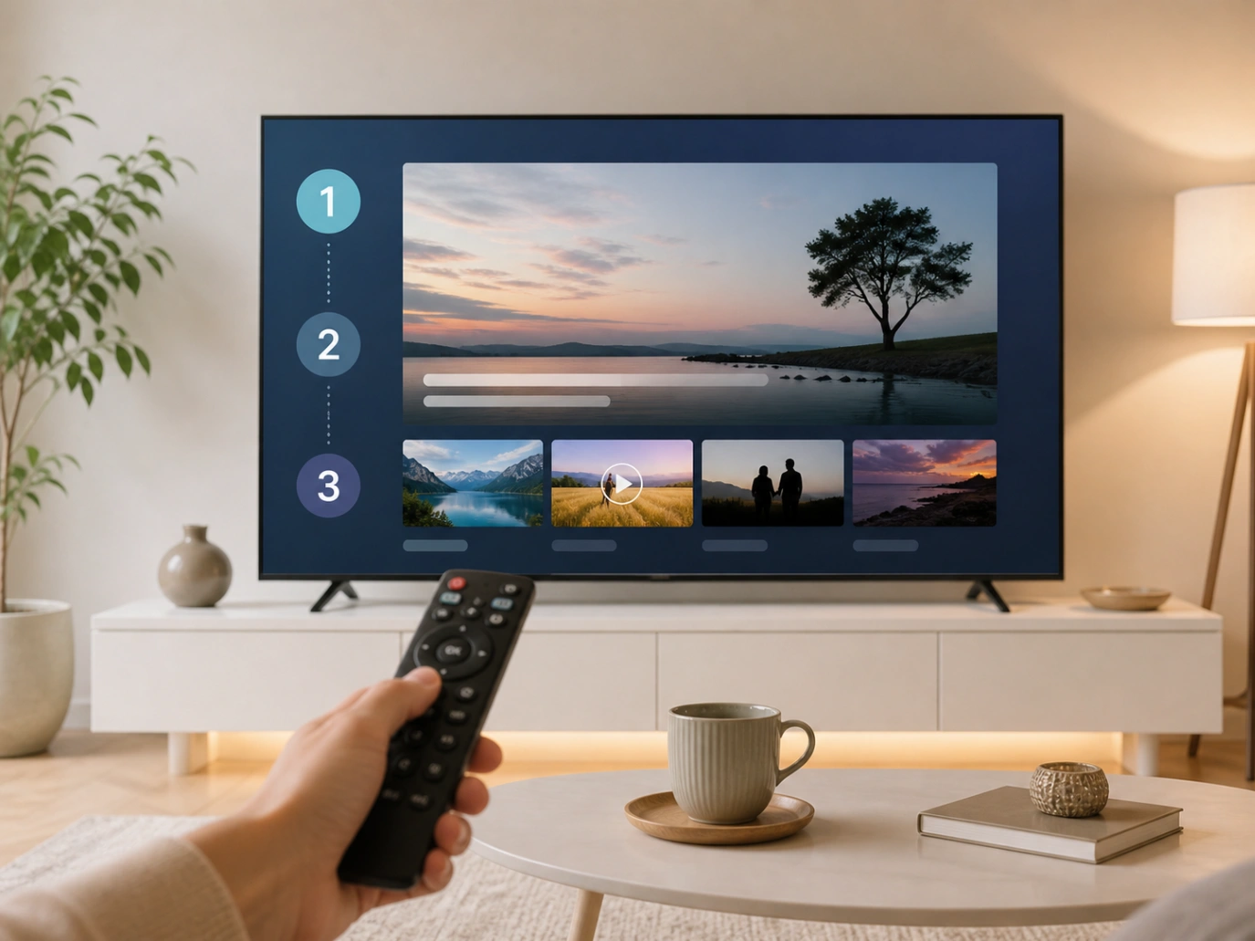 Mise en route facile Atlas Pro ONTV avec télécommande et Smart TV moderne.
