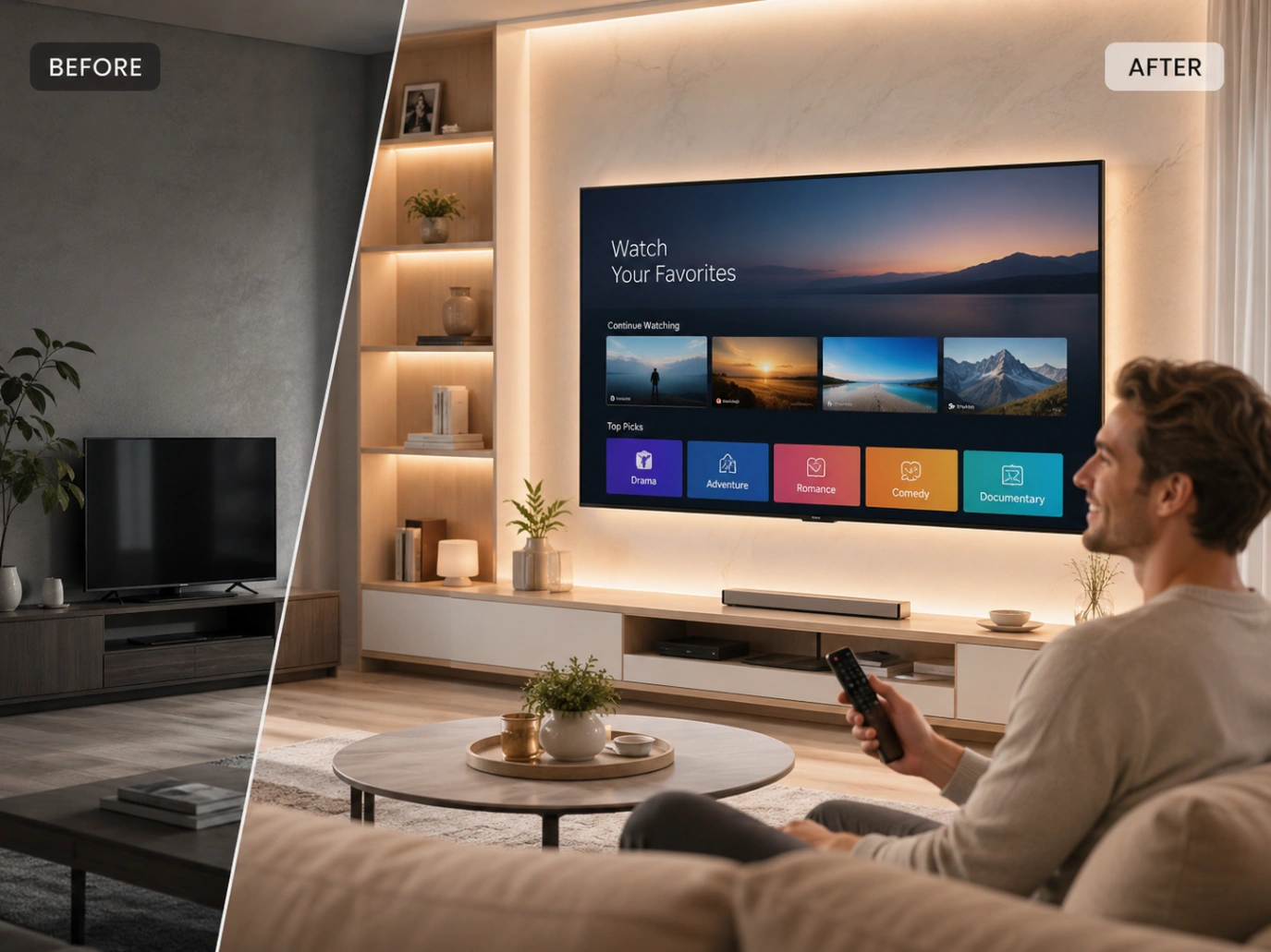 Atlas Pro ONTV Nouvelle Expérience TV avec salon moderne et télévision lumineuse.