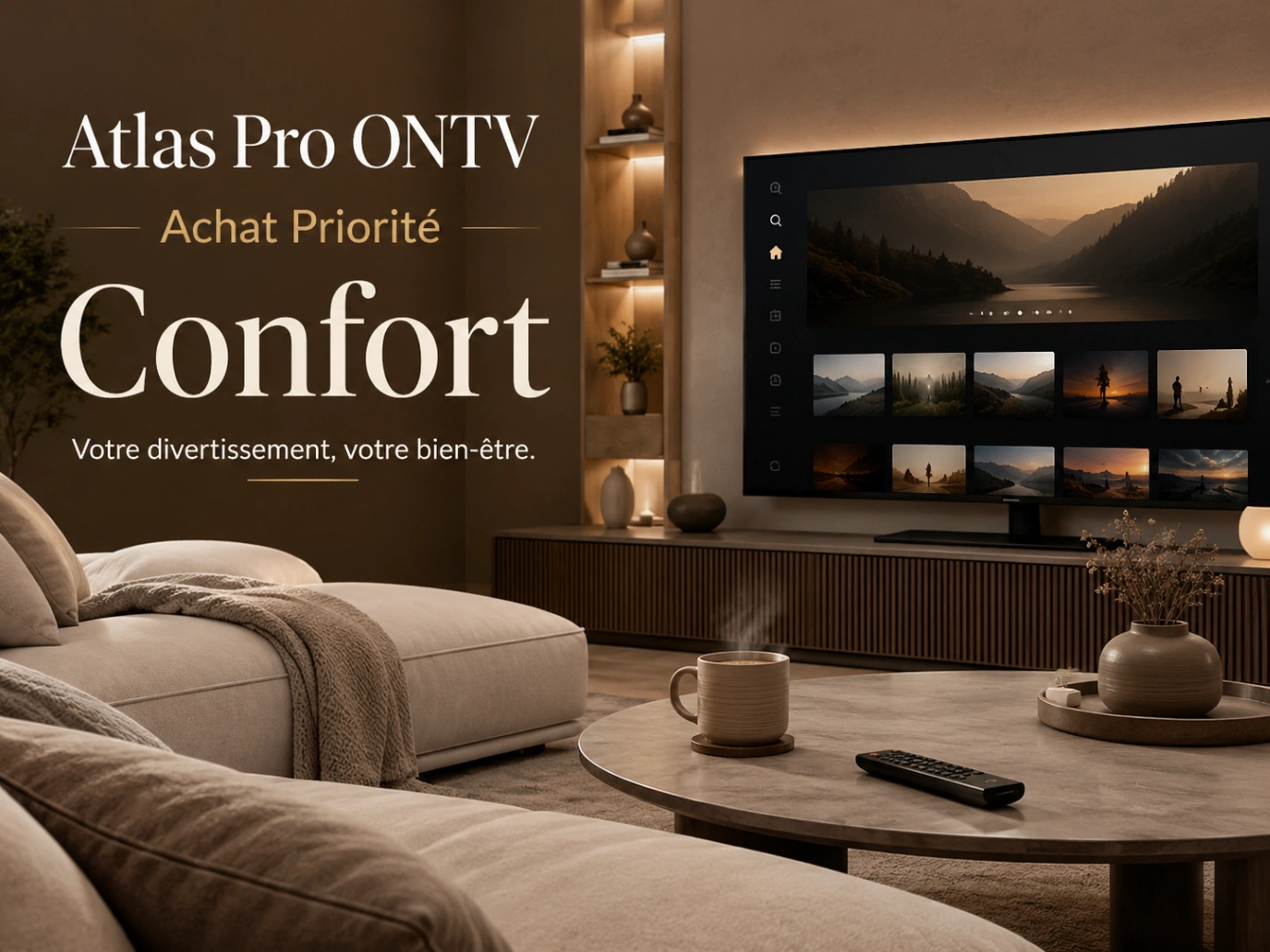 Atlas Pro ONTV Achat Priorité Confort dans un salon cosy premium.