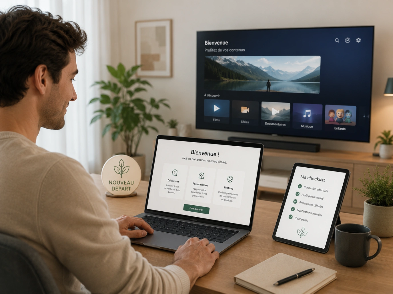Atlas Pro ONTV Offre Nouvel Utilisateur avec ordinateur et checklist.